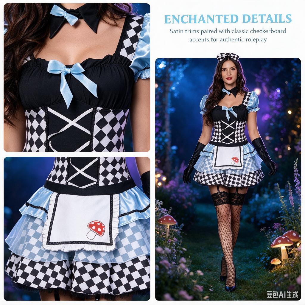 Halloween Costumes Lolita Style Role Play Dress Puff Sleeve Checkered Mini Skirt